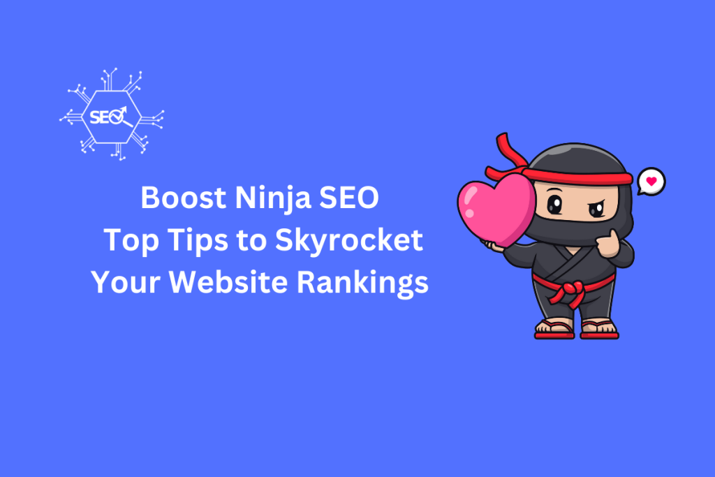 Illustration showing Boost Ninja SEO tips to improve website rankings with charts and tools.